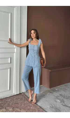 ŞANTUK KETEN YELEK GÖRÜNÜMLÜ  ASKILI BLUZ - PANTOLON TK - Mavi