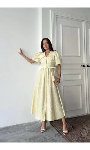 Sarı Bebe Yaka Balon Kollu Elbise