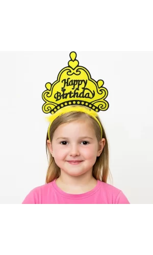 Sarı Happy Birthday Prenses Tacı – Doğum Günü Taç Aksesuarı