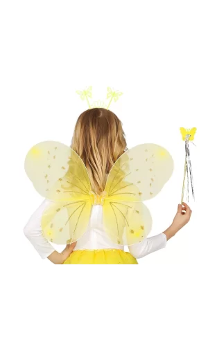 Sarı Kelebek Erkek-kız Seti – 50 Cm Kelebek Kanadı, Taç Ve Asa