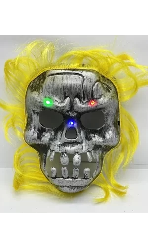 Sarı Saçlı Led Işıklı Kuru Kafa İskelet Korku Maskesi 22x25 Cm