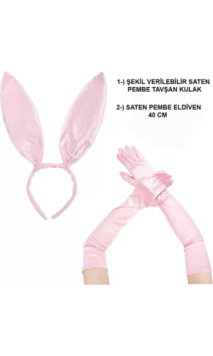 Saten Kaplama Soft Pembe Eldiven 40 Cm Ve Tavşan Kulak 2 Li Set
