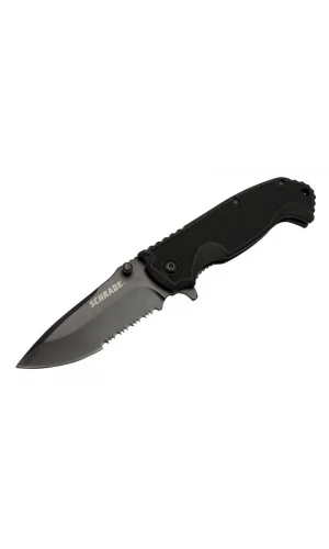 Schrade 5-1 Siyah Kamp Çakı 20cm- Yarı Otomatik, Testere Detaylı, Kemerlikli