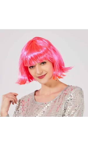 Şeker Pembe Renk Parti Peruğu Küt Saç