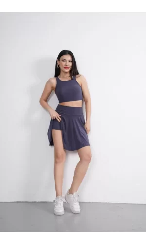 Sendy Kumaş Bisiklet Yaka Crop Şortlu Etek Ikili Takım - Antrasit