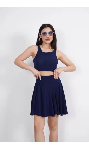 Sendy Kumaş Bisiklet Yaka Crop Şortlu Etek Ikili Takım - Lacivert