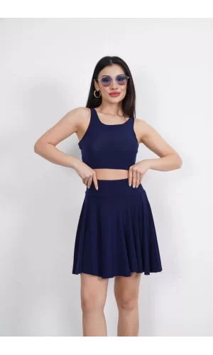 Luz&Pos Sendy Kumaş Bisiklet Yaka Crop Şortlu Etek İkili Takım - Lacivert