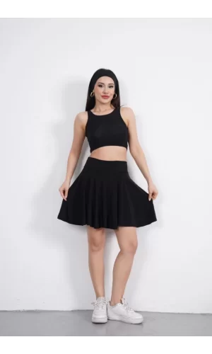 Sendy Kumaş Bisiklet Yaka Crop Şortlu Etek Ikili Takım - Siyah
