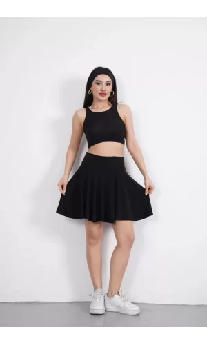 Luz&Pos Sendy Kumaş Bisiklet Yaka Crop Şortlu Etek İkili Takım - Siyah