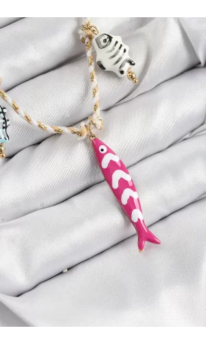 Seramik Motifli Pembe Balık Figürlü Model Krem İp Kadın Kolye