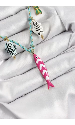 Seramik Motifli Pembe Balık Figürlü Model Mavi İp Kadın Kolye