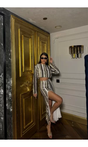 ŞERİT PAYET CROP BLUZ - YIRTMAÇLI ETEK TAKIM - Siyah