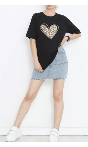 Sevgililer Günü İçin Özel Tasarım Leopar Kalp Baskılı T-shirt - Siyah