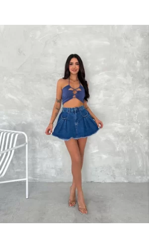 Şık Pileli Yazlık Mini Etekli Kot- Saks Mavisi