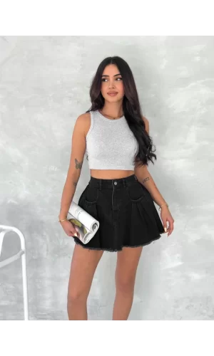 Şık Pileli Yazlık Mini Etekli Kot- Siyah