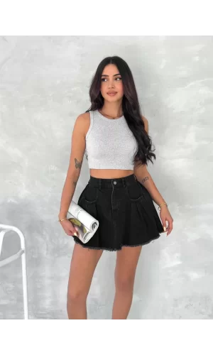 Luz&Pos Şık Pileli Yazlık Mini Etekli Kot- Siyah