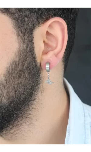 Silver Renk Kaplama Osmanlı Tuğra Figürlü Kıstırmalı Çelik Erkek Küpe