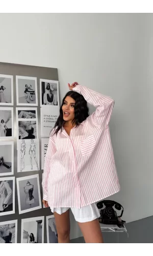 SİMLİ ÇİZGİLİ VUAL GÖMLEK - Pembe