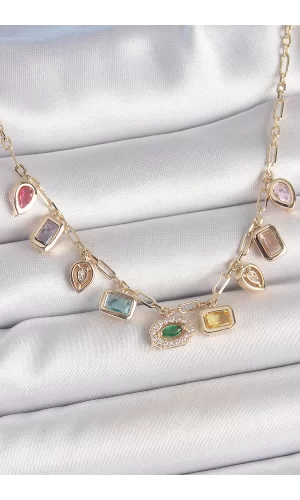 Sıralı Karışık Renk Zirkon Taşlı Gold Pirinç Kolye
