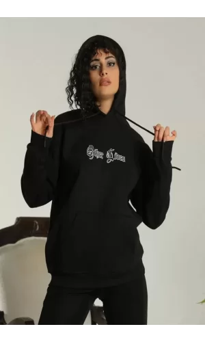 Sırt Baskılı Oversize Üç İplik Kapüşonlu Sweatshirt - Siyah