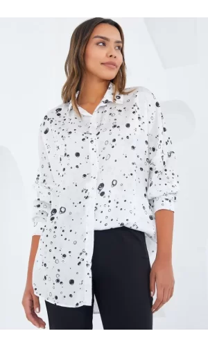 Siyah Beyaz Desenli Oversize Saten Gömlek 3985