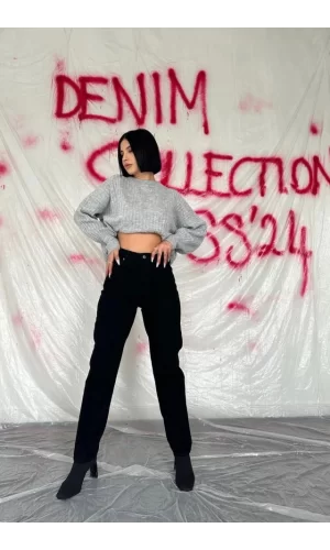 Siyah Boru Paça Jeans Pantolon