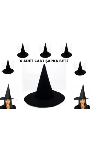 Siyah Cadı Şapkası Keçe Yetişkin Boy 6 Adet