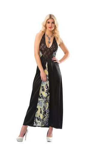 Siyah Dantelli Saten Gecelik - 086