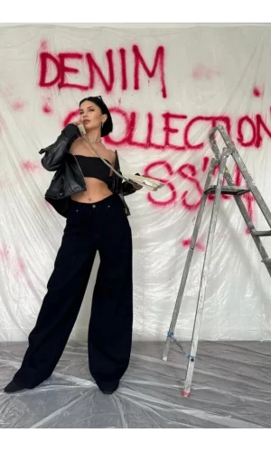 Siyah Geniş Paça Jeans Pantolon