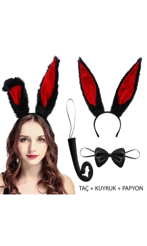 Siyah Kırmızı Renk Peluş Tavşan Kulak Papyon Kuyruk Yetişkin Boy