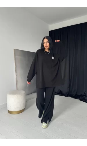 Siyah Klasik Fitilli Kazak Ve Pantolon Takım