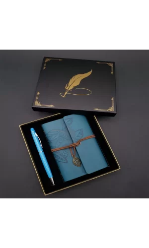 Siyah Kutulu Yaprak Desenli Mavi Deri Defter Ve Kalem Seti