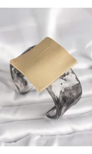 Siyah Mermer Desen Akrilik Plastik Gold Kare Plaka Model Vintage Kadın Bilezik