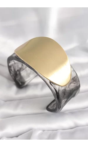 Siyah Mermer Desen Akrilik Plastik Gold Oval Plaka Model Vintage Kadın Bilezik