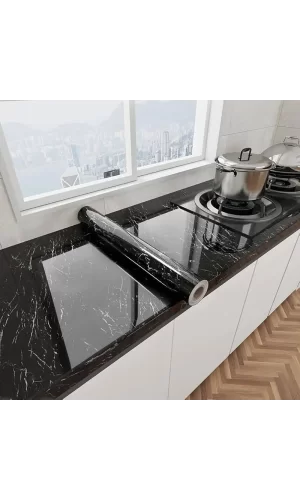 Siyah Mermer Desenli Yapışkanlı Tezgah Folyosu (3 Mt.x 60 Cm)