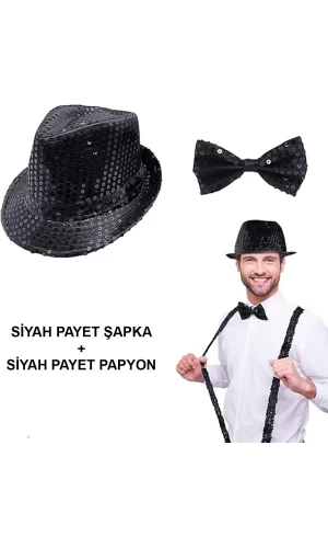 Siyah Payetli Şapka Ve Papyon Seti – Parıltılı Yetişkin Kostüm Seti