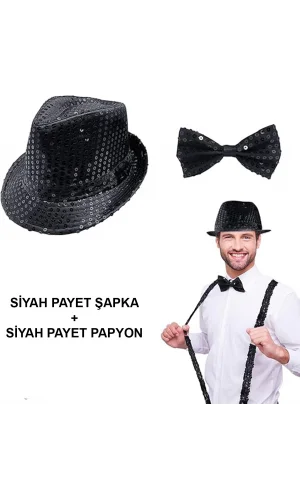 Siyah Payetli Şapka ve Papyon Seti – Parıltılı Yetişkin Kostüm Seti