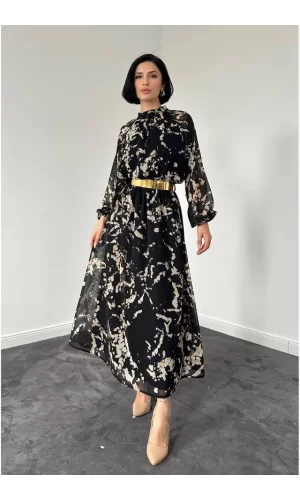 Siyah Reglan Kol Baskılı Elbise