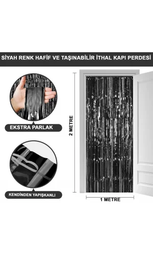 Siyah Renk Ekstra Metalize Parlak Saçaklı Arka Fon Perde İthal A Kalite 1x2 Metre