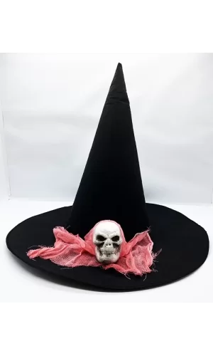 Siyah Renk Pembe Duvaklı Kuru Kafa Temalı Cadı Şapkası 35x38 Cm