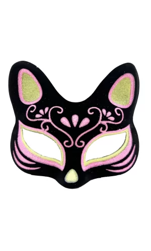 Siyah Renk Süet Kaplama Üzeri Sarı Pembe Simli Kedi Maskesi 17x14 Cm