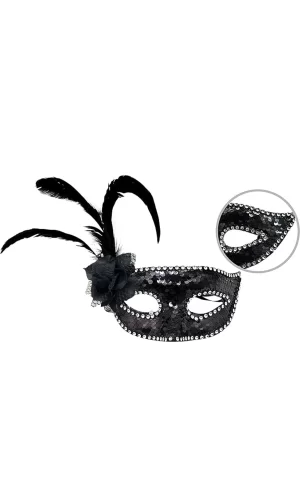 Siyah Renk Yandan Tüylü Güllü Gümüş Taşlı Pullu Maske 20x22 Cm
