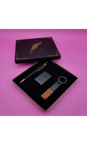Siyah Rubber Kalem Çakmak Ve Anahtarlık Set