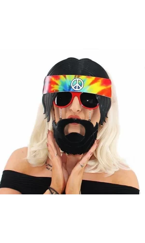 Siyah Saçlı Bandana Hippi Parti Gözlüğü