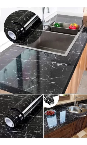 Siyah Yapışkanlı Kaplama Kağıdı Mermer Desenli Büyük Boy 5 Metre