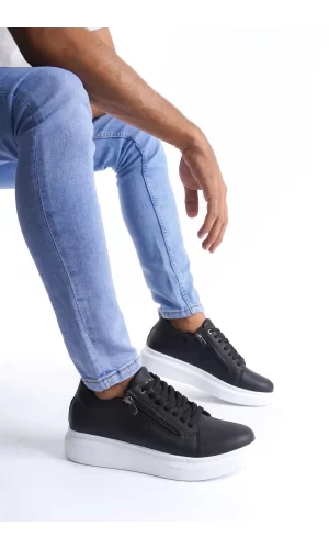SLW155 Warrior Bağcıklı ve Fermuarlı Cilt Erkek Günlük Sneaker Ayakkabı CBT - Siyah