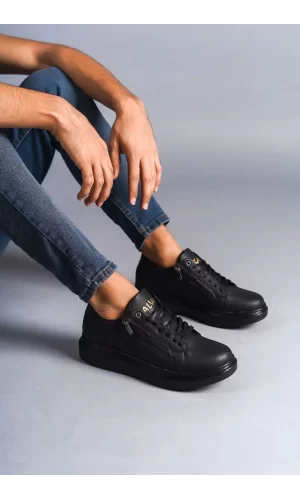 SLW155 Warrior Bağcıklı ve Fermuarlı Cilt Erkek Günlük Sneaker Ayakkabı CST - Siyah