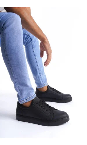 SLW165 Elite Bağcıklı Cilt Erkek Günlük Sneaker Ayakkabı CST - Siyah