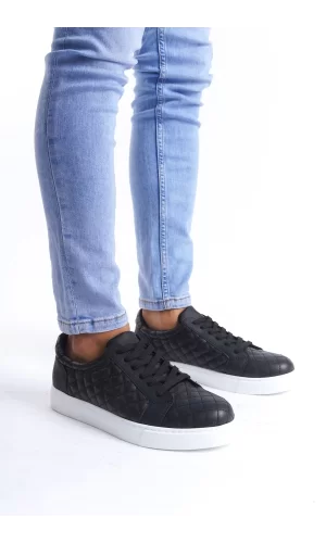 SLW166 Prestige Bağcıklı Cilt Kapitone Desenli Erkek Günlük Sneaker Ayakkabı CBT - Siyah