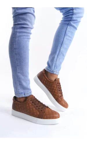 SLW166 Prestige Bağcıklı Cilt Kapitone Desenli Erkek Günlük Sneaker Ayakkabı CBT - Taba